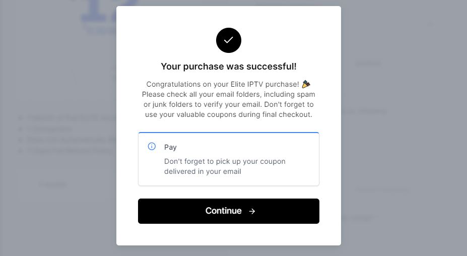 Elite TV IPTV subscription and confirmation