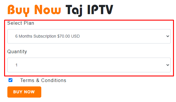 Choose Taj IPTV subscription quantity